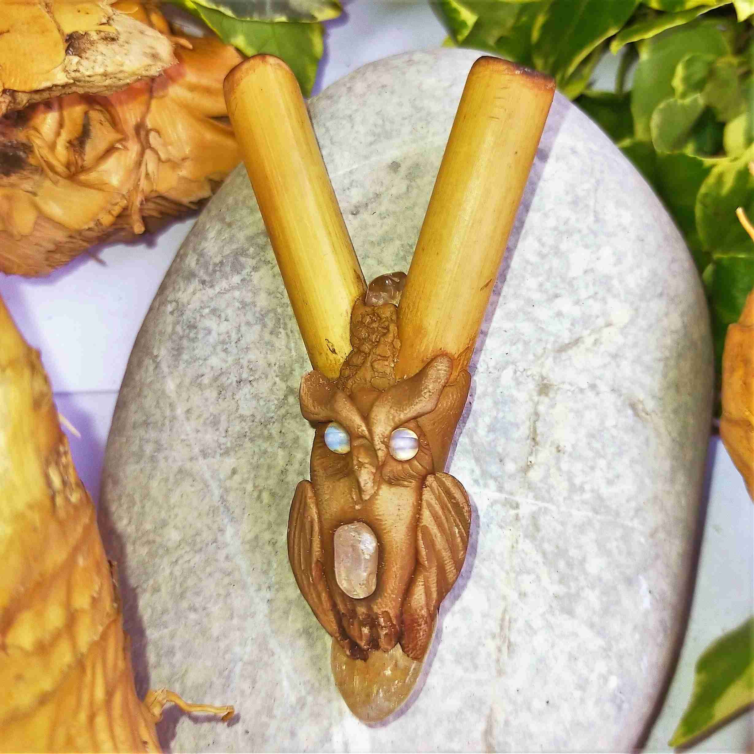 Kuripe Bambu тотем сова амулет с мощными камнями Kuripe Totem GUFO Amuleto Pietre potenti