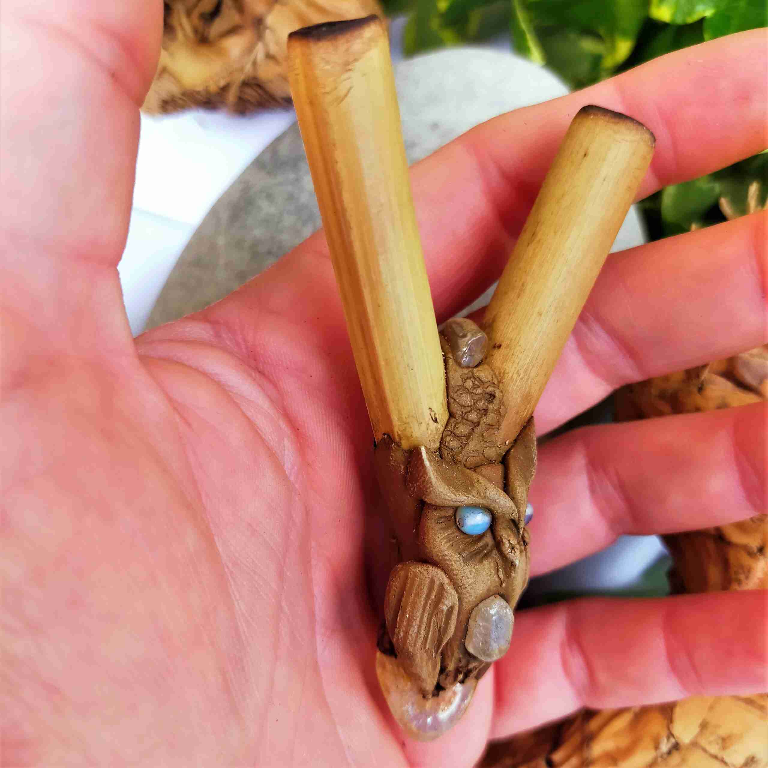 Kuripe Bambu тотем сова амулет с мощными камнями Kuripe bambu Totem GUFO Amuleto con Pietre potenti